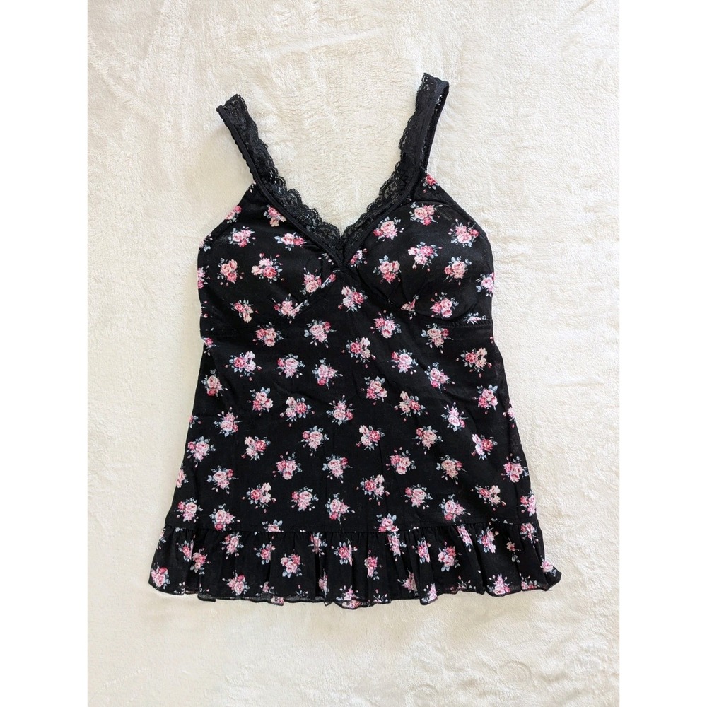 Dainty Cami Top Black Floral Lace Trim Ruffle Hem Jr Sz S Y2K Coquette Romantic